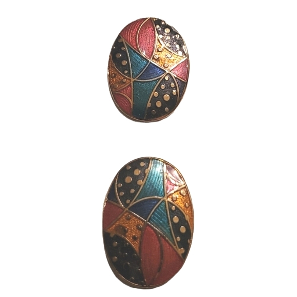 Vintage Oval Enamel Earrings Geometric Design Gold Tone Clip‎ On Dangle 80s